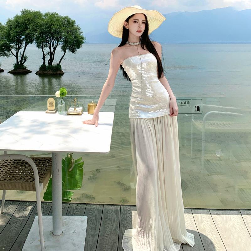 Seaside Vacation Long Dress Summer High Sense Socialite Mopping Mesh Skirt Tube Top Sequined Dress Women