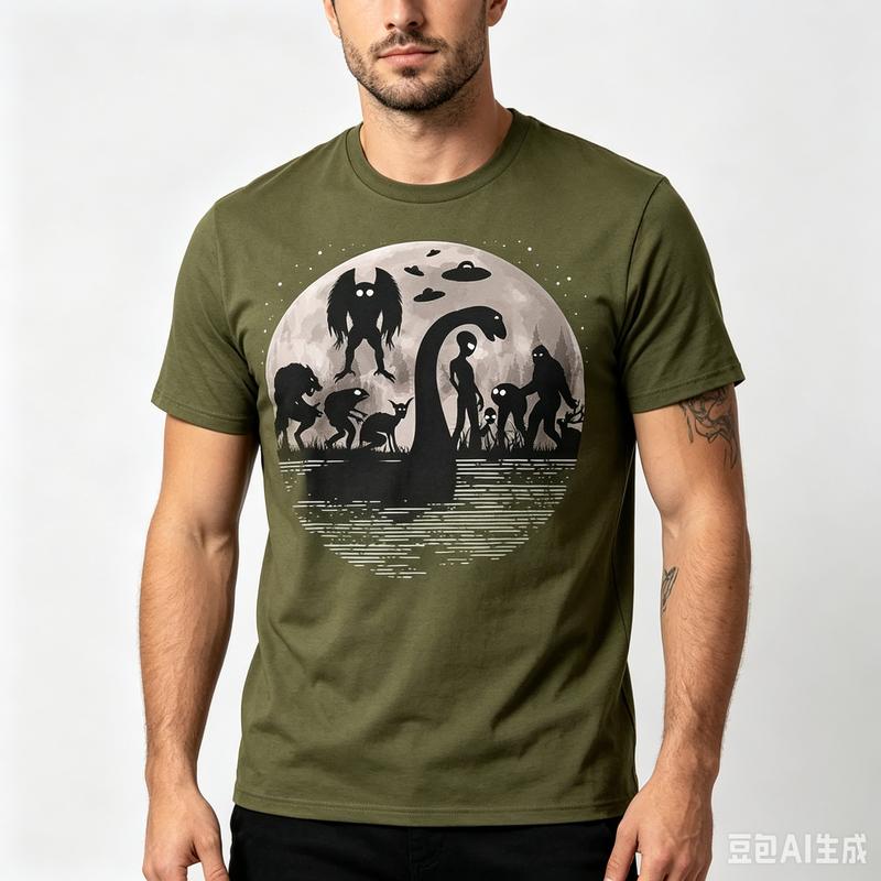 Mystery Creatures Moon Print TShirt UFO Bigfoot Graphic Tee 100 Cotton for Unisex and Unisex Casual Cotton Short Sleeve Tee Top