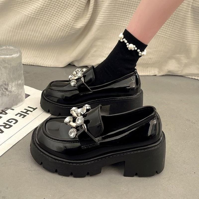 Women's Black Leather Mary Jane Loafers  New Fashion Thick Heel Crystal Embellished Britsh Style Spring Autumn Shoes