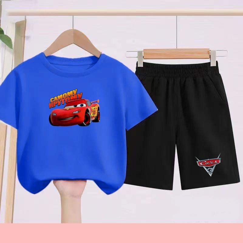 Children Aged 3 to 14 Summer Fashion T-shirt set Children Disney Car Print T-shirt + shorts Girl Boy Casual Tops Toddler Clothes