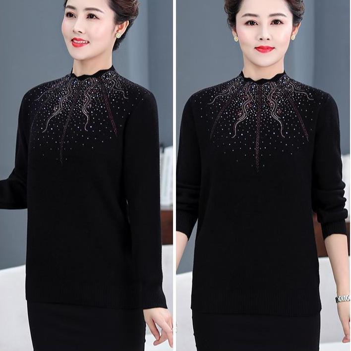Women's Plus Size Sweater Winter Half-Turtleneck Solid Color Rhinestone Knit Pullover Sweater