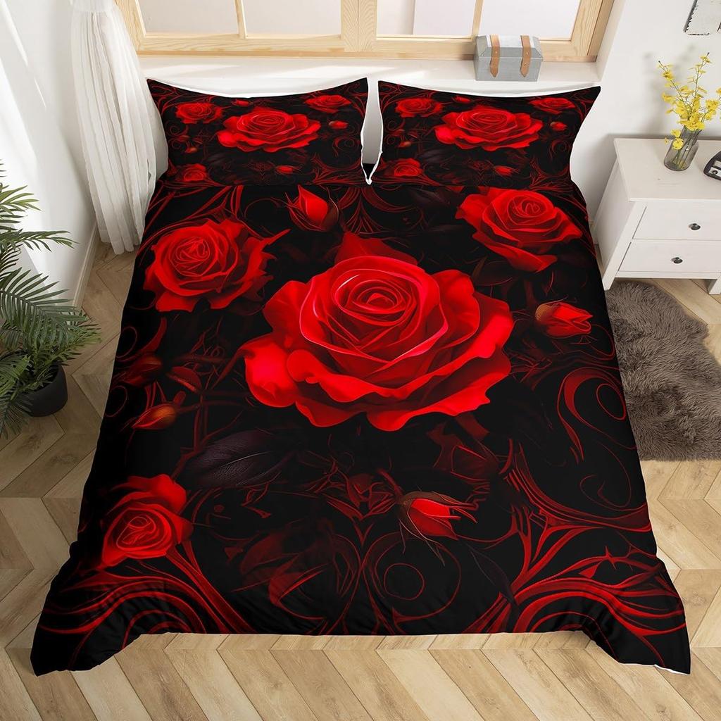 Red Roses Soft Duvet Cover Twin Quen Hapy Valentine's Day Beding Set Romantic Flowers Warm Comforter Cover Lovely Love Heart Comfortable Quilt Cover