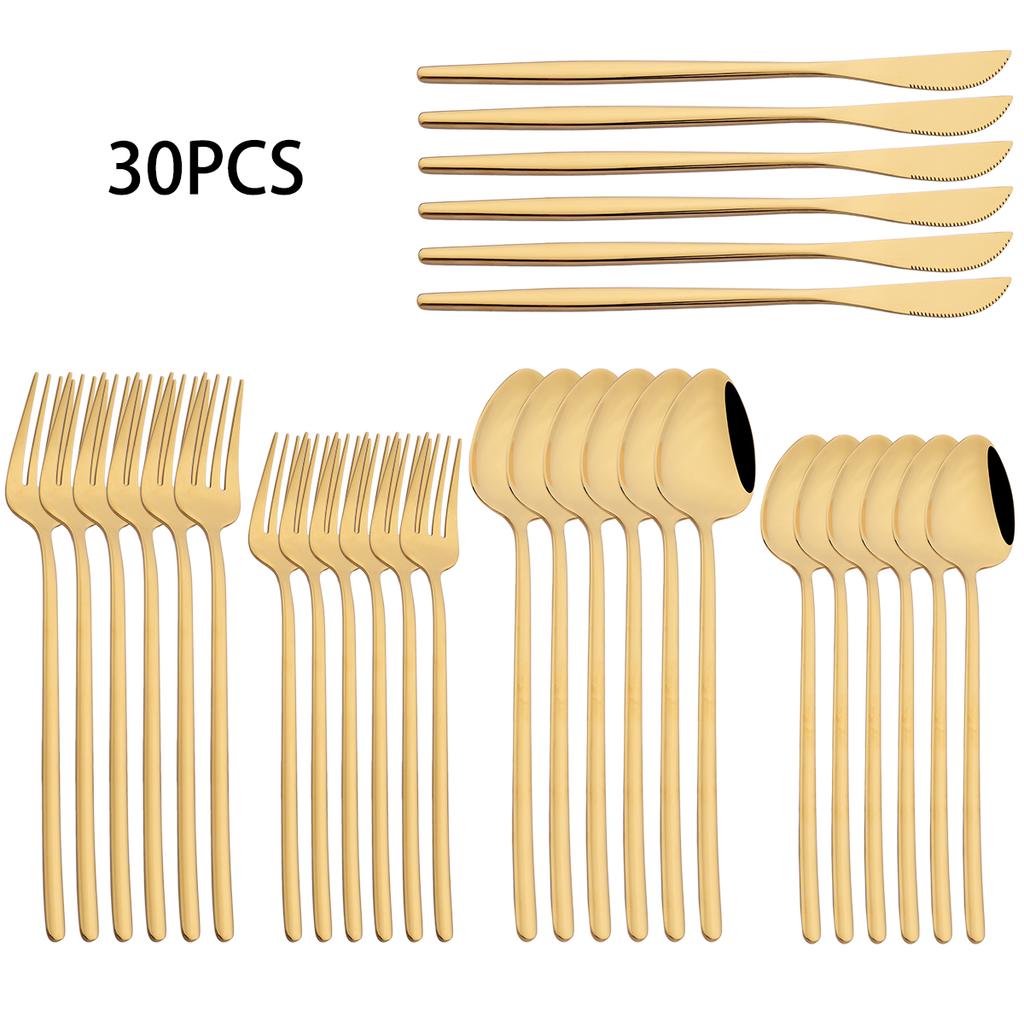 30-teiliges Weißgold Geschirrset Messer Dessertgabel Löffel Geschirr Edelstahl Besteck Spiegelbesteck Westliches Silberbesteck