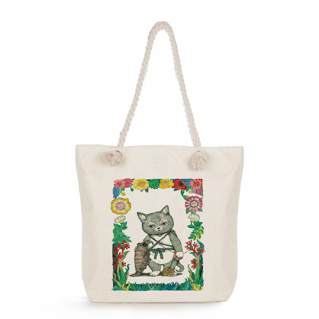 Multifunctional Cute cartoon cat Printed Thick Rope Shoulder Beach Bag Casual large capacity handbag 7610