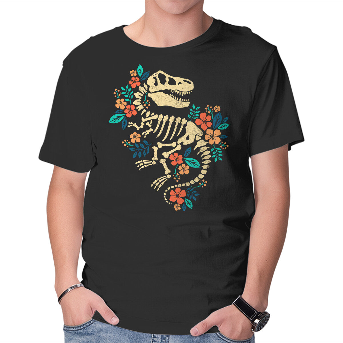 Unisex Crew Neck T-Shirt Flowered Dinosaur Fossil Graphic Short Sleeve Casual Tee L
