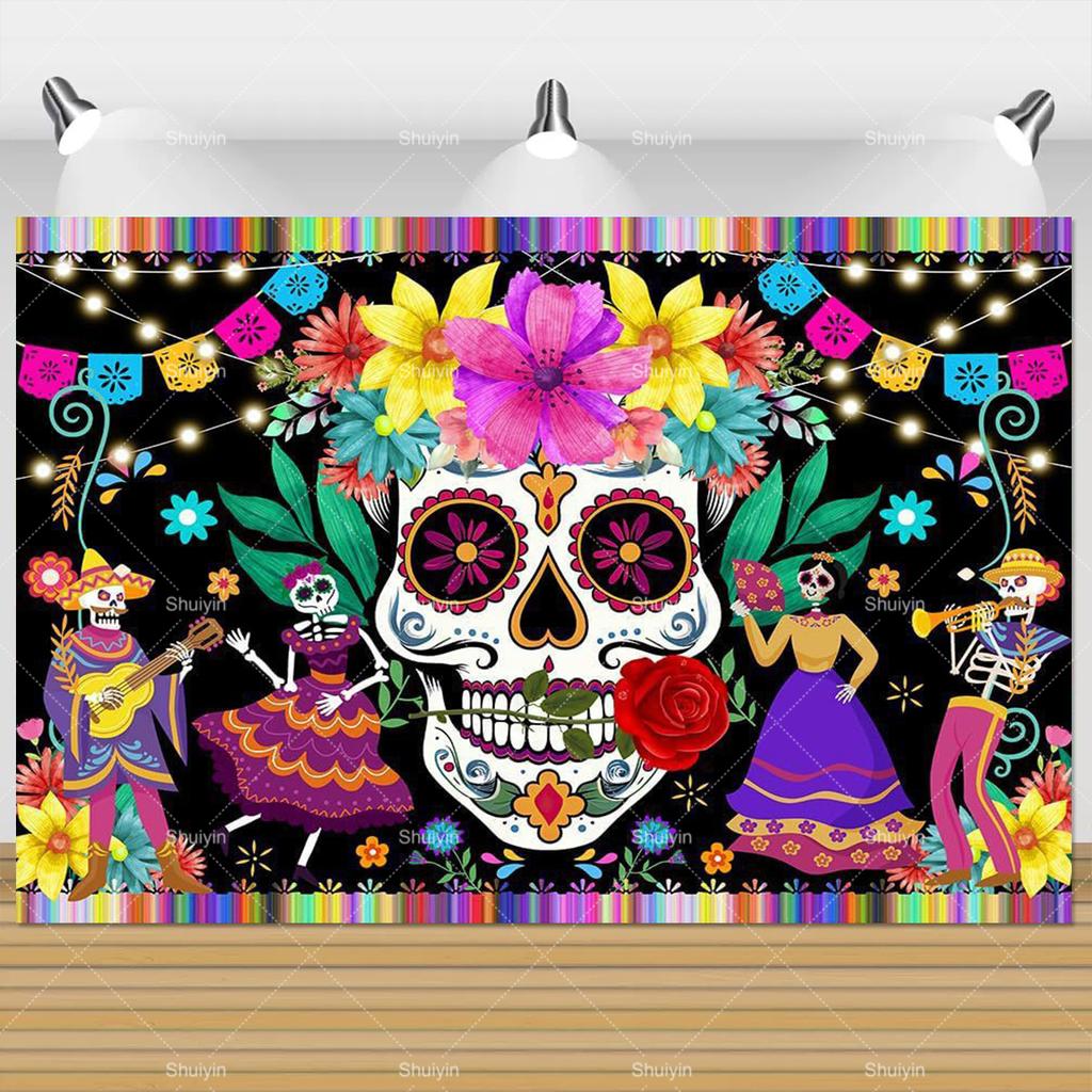 1pc Mexican Day of the Dead Background Skeletons Guitar Dia De Muertos Festive Decoration Party Supplies Fiesta Photo Shoot Prop