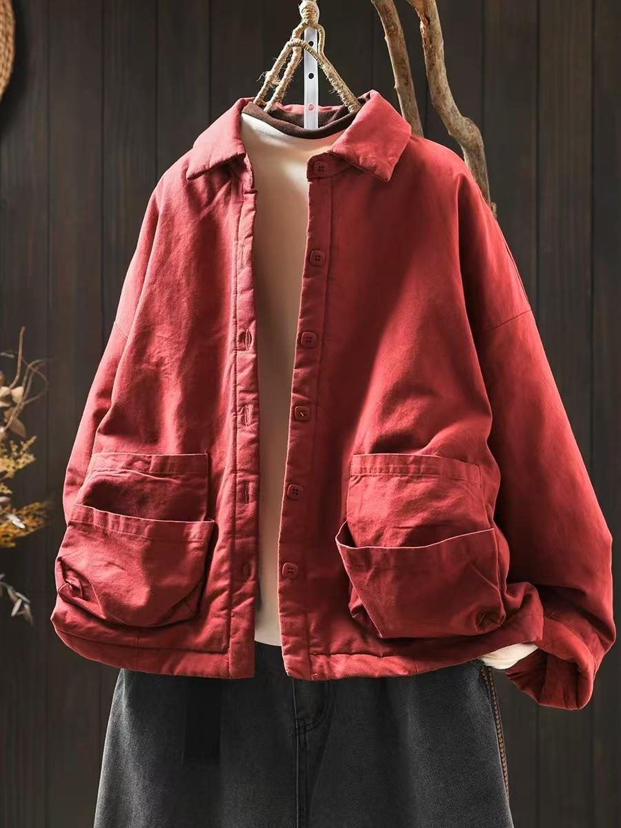 

Johnature Жіноче зимове вільне однобортне пальто з відкладним коміром у вінтажному китайському стилі з довгими рукавами One Size червоний