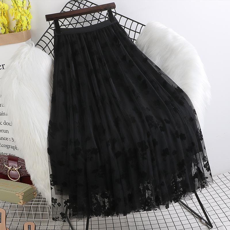 Spring Summer High Waist All-match Embroidery Mesh Skirt Temperament Mid-length Long Skirts for Women Slim