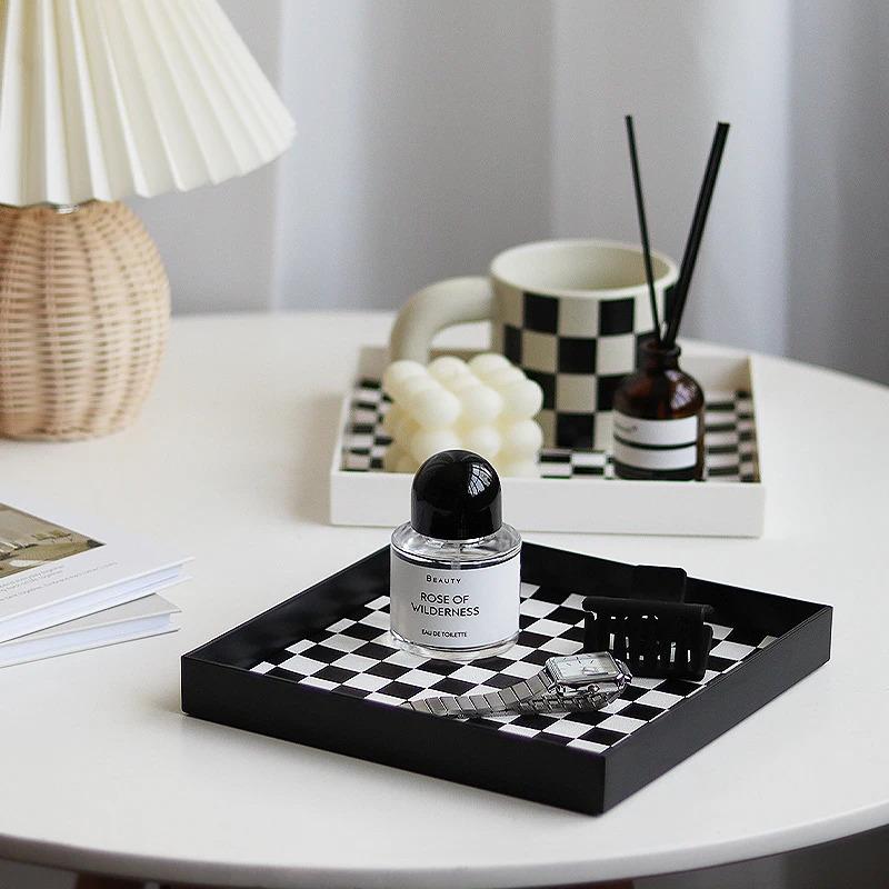 Square Crescent Shaped Storage Tray - Black And White Chessboard Desktop Tray, Moon Tray, Decorative Tray, Storage Box