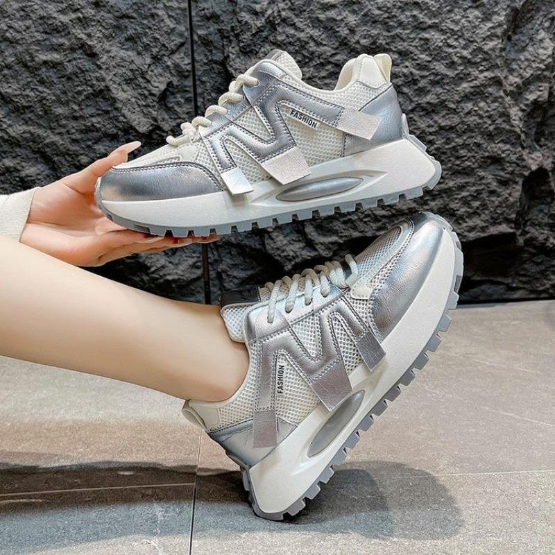 

thick-soled mesh color matching sneakers women s autumn and winter new running shoes women s silver versatile dad shoes 35 серебряный