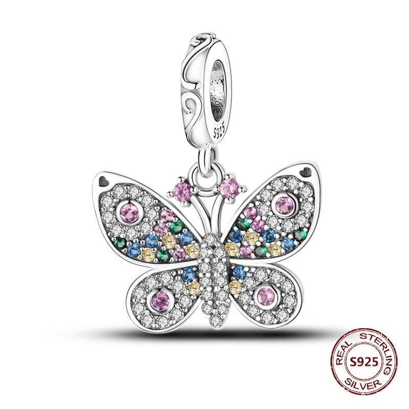 Butterfly Charm copper Authentic Pink Blue Zircon Fly Butterflies Safety Chain Clip Charm Bead Charms Compatible With Bracelets Do It Yourself Jewelle