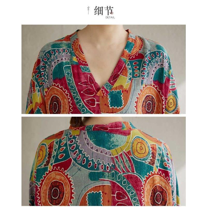 New V-neck Loose Plus Size Simple Vacation Style Long-sleeved Women's Long Dresses