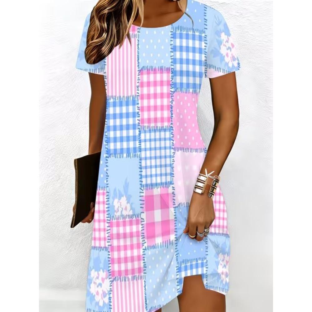 Women's Fashion Vintage Pattern Print Summer Spring Short Sleeve O-Neck Casual Dresses