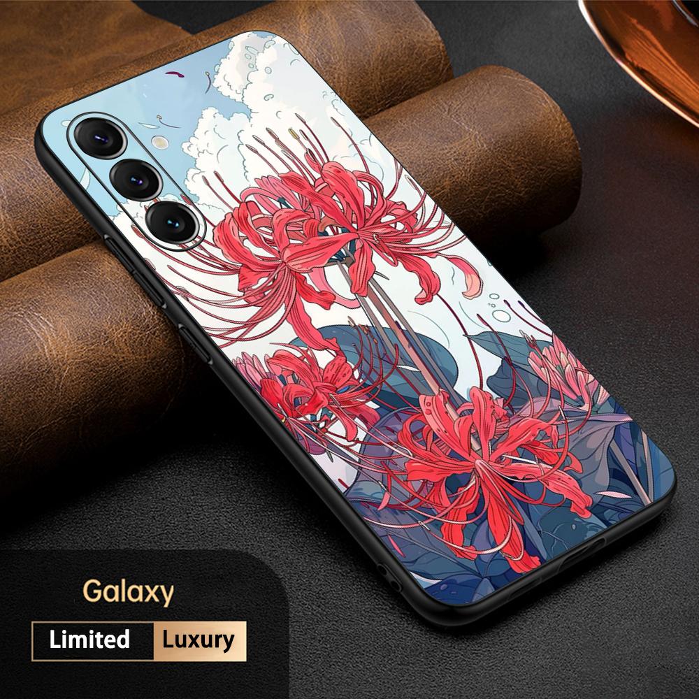 Handyhülle mit rotem Spinnenlilie-Motiv im japanischen Kunst- und Modedesign für Samsung Galaxy S26, S25, S24, S23, S22, S21 Plus, Ultra und Note20 (weich, schwarz)