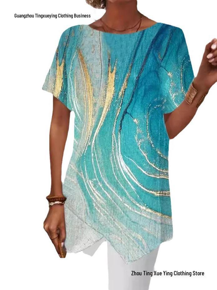 European Geometric Print Loose Short Sleeve Irregular Hem T-shirt