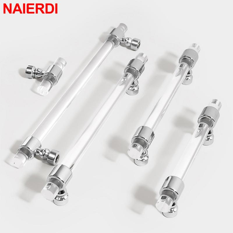 NAIERDI Acrylic Furniture Handles T-Bar Gold Crystal Cabinet Handles and Knobs Zinc Alloy Silver Door Handle Hardware