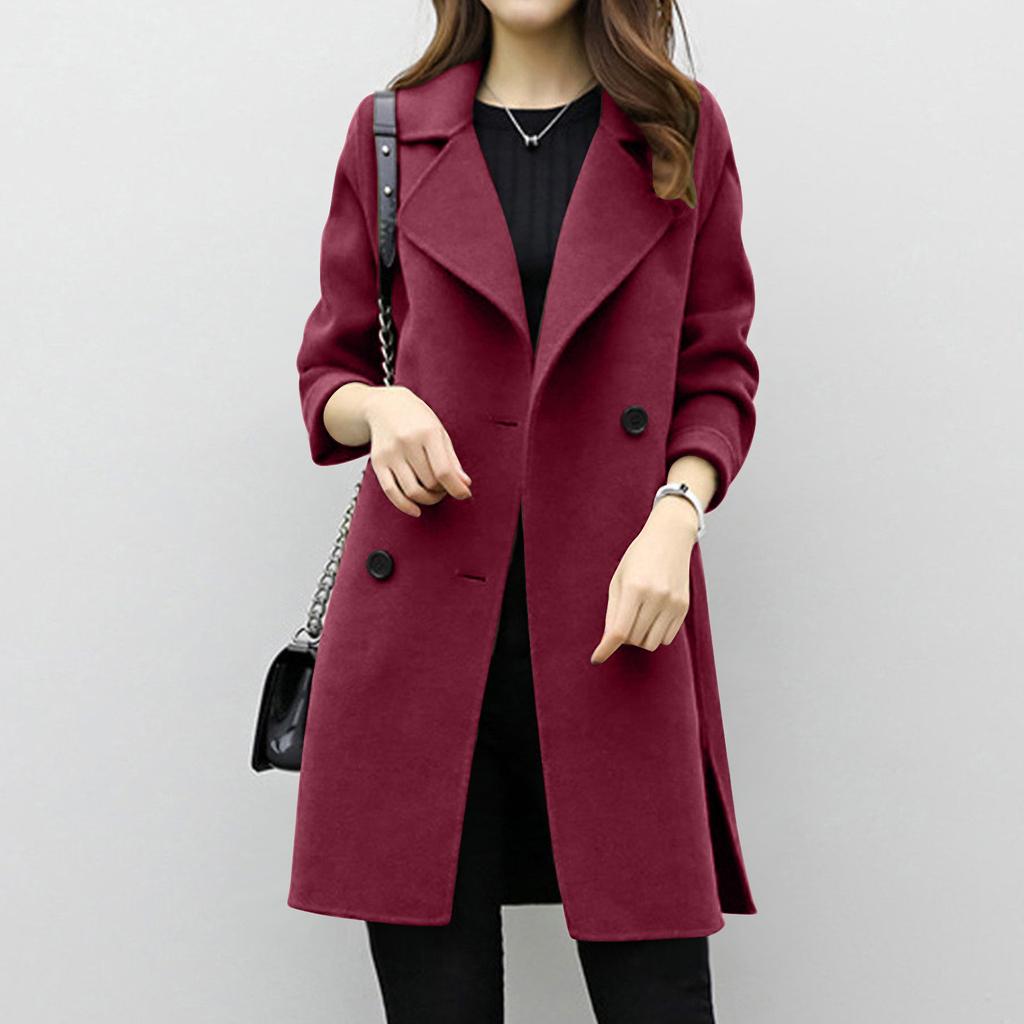 Women's Long-length Autumn Coat, Double-breasted, Long Sleeves, Solid Color