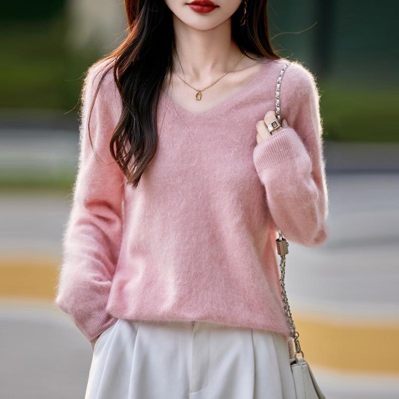 Women's High-Grade Seamless Wool V-Neck Sweater - Autumn/Winter Collection, Long Sleeve, Soft Plush Knit Base Layer