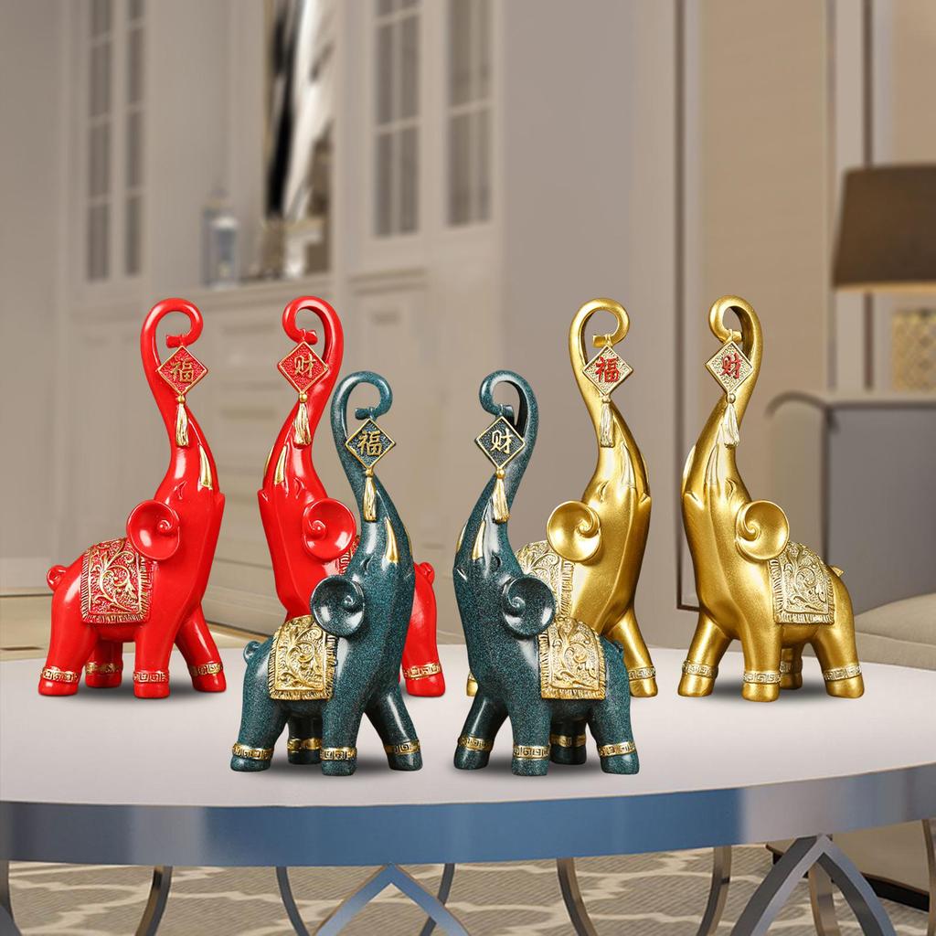 Good Luck Couple Elephants Statue Figurines Decorative Accent with Trunk up Sculpture for Home Desktop Decoration Gifts Ornament