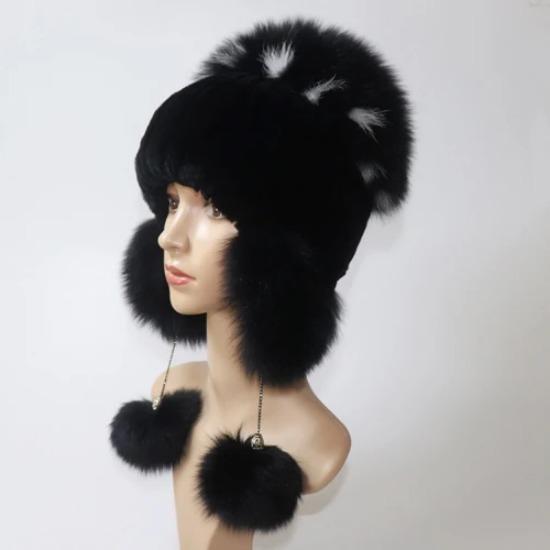 Elastické Pletené Čepice z Králičí Rex Fur Handmade Čepice z Pravé Kožešiny s Liščími Ušima Pravá Kožešina Sněžná Čepice Kukly pro Ženy Designérská