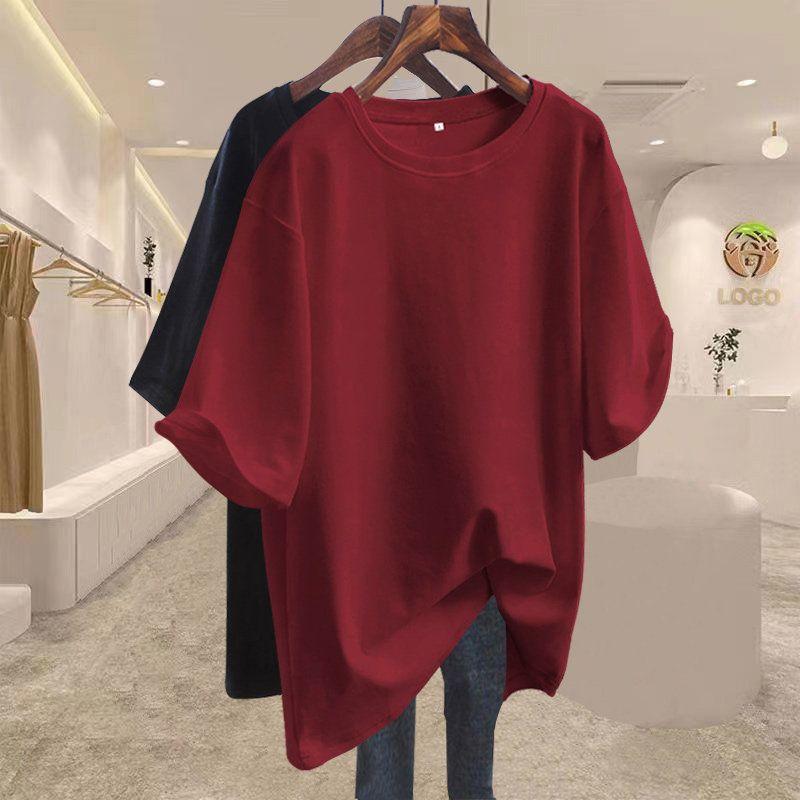 

High Sense Ins Niche Fat Sister Plus size 150.00kg Summer New Short sleeve T-shirt Top Pure Cotton Bottoming Shirt Wine Red XL(Suggestion 62.5kg-72.5kg)