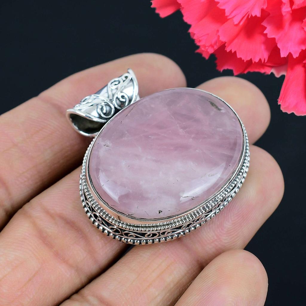 Pingente de pedra preciosa de quartzo rosa, pingente de prata esterlina 925 sólida, presente de joia para unissex