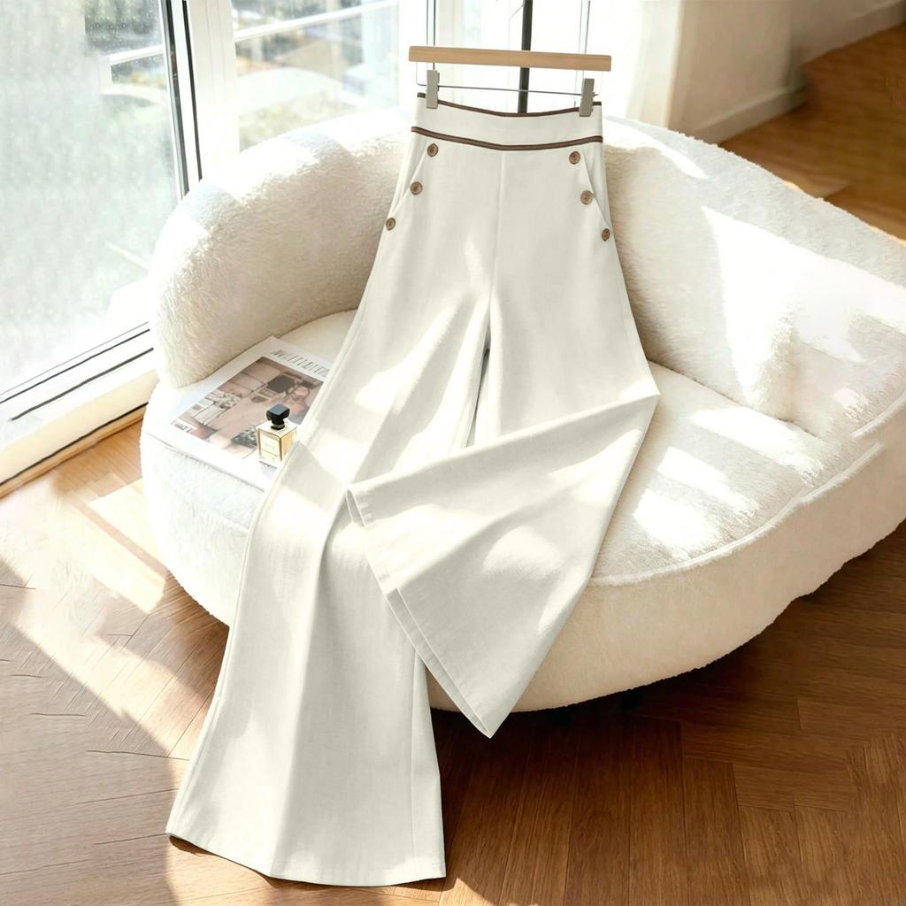 Women High Waist Wide Leg Pants Button Detail Straight Leg Casual Trousers Lightweight Loose Fit Bottoms for Everyday Wear