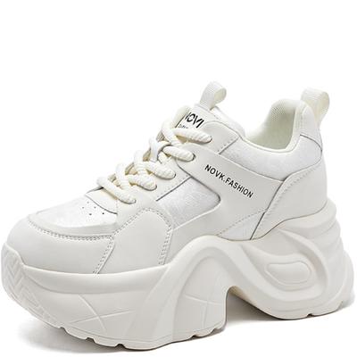 9cm Genuine Leather Women Casual Shoes Chunky  New Sneakers Skateboard Vulcanize Lady Comfy White Platform Wedge Hidden Heel