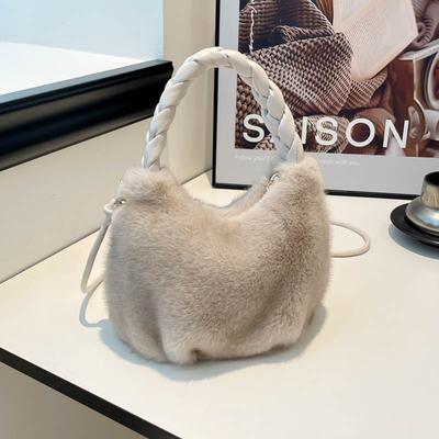 Fluffy Texture Vwrastile Crossbody Bag Women Winter Fashi Furry Bucket Bag with Braided Leisure Handle Shoulder Storage Bags
