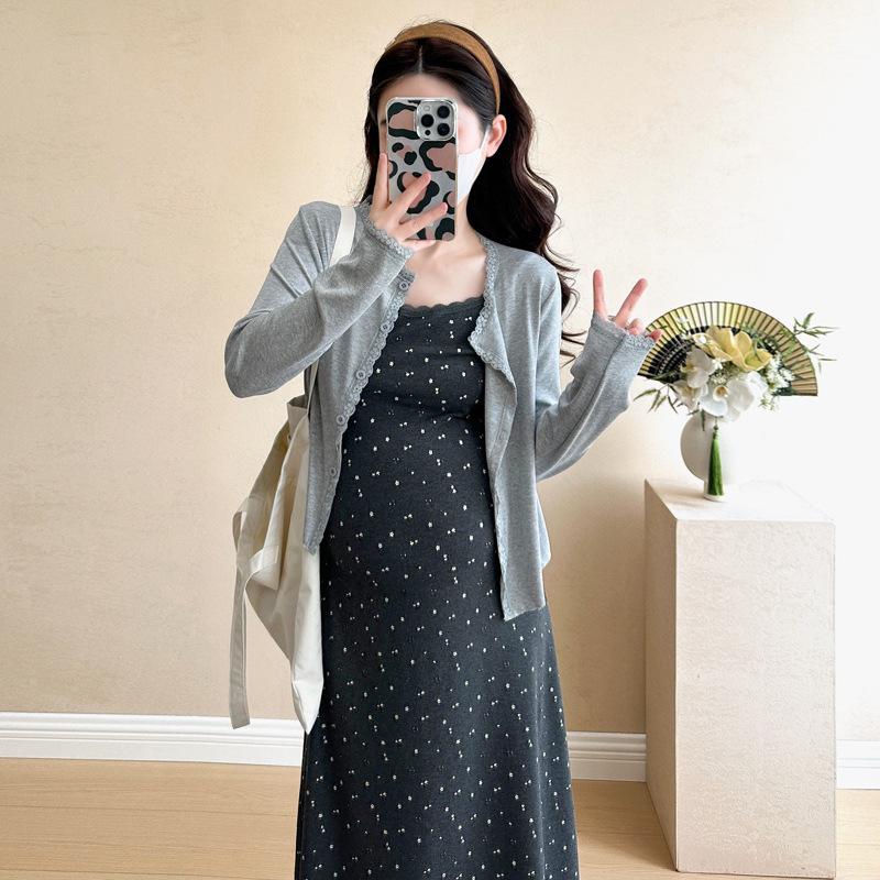 2026 Spring Maternity Knit Camisole Dress with Cotton Cardigan Set M