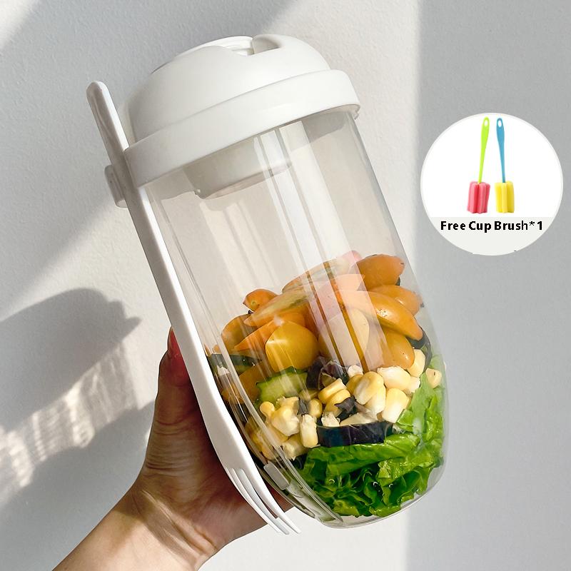 1pc/2pc Portable Salad Cup with Leak-Proof Lid & Built-in Fork Healthy Meal Prep for Lunch Breakfast Dressing Storage Salad Bowl