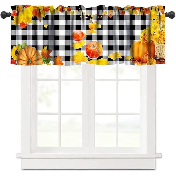Farm Fall Window Valance, Thanksgiving Pumpkins Autumn Leaves Vine Windows Curtain Valance for Kitchen Dining Room Canteens Home Decor, One Panel