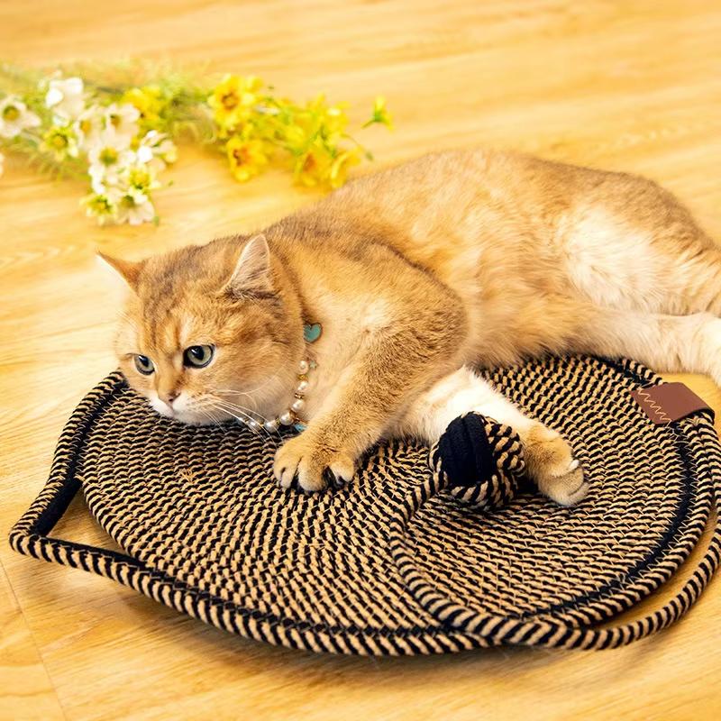 Portable Round Cat Scratcher Woven Cotton Rope Pet Rest Mat Durable and Scratch Resistant with Ball Cat Toys Kitten Supplies