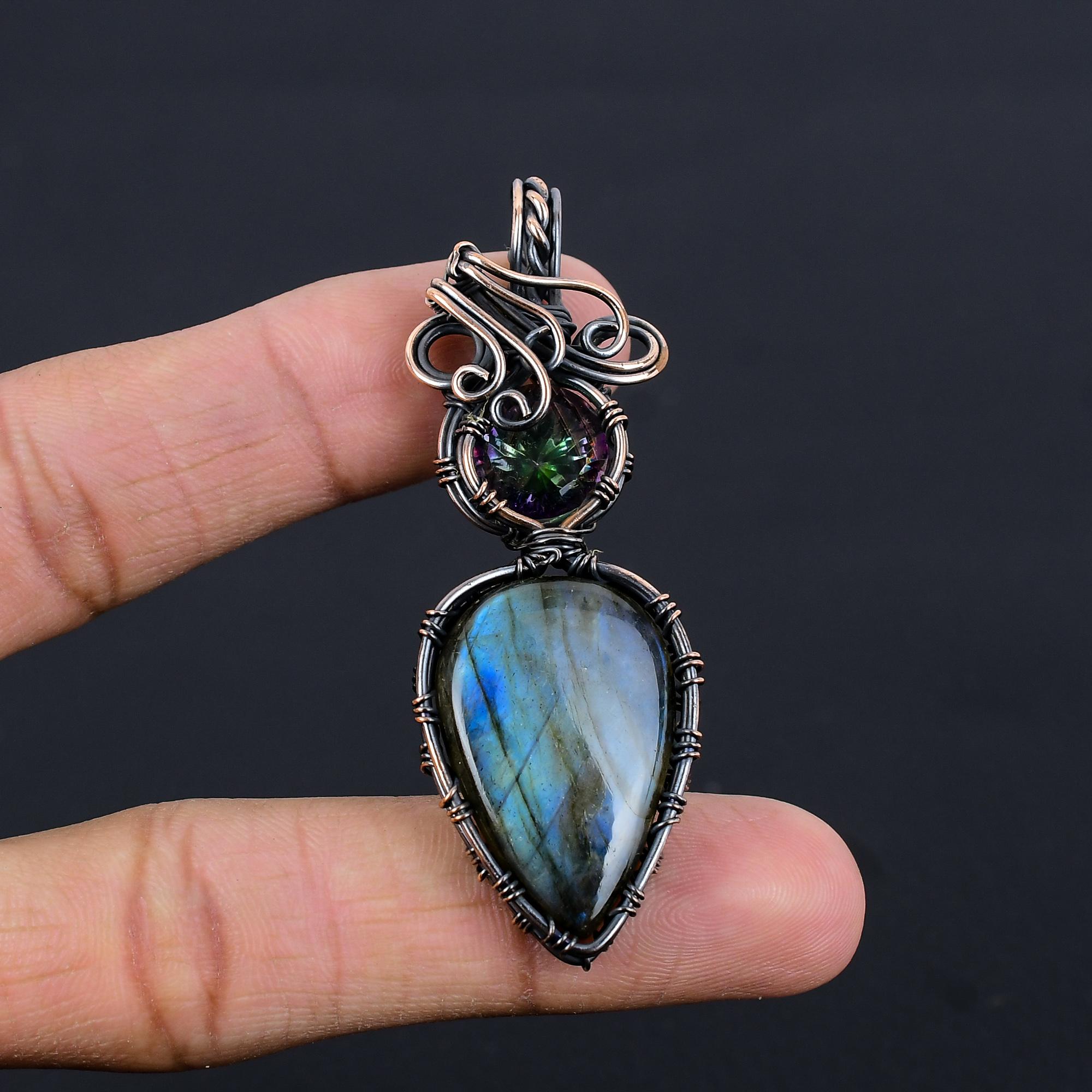 

Labradorite & Mystic Topaz Pendant, Handmade Gemstone 999 Copper Wire Wrapped Pendant Antique Jewelry, For Gift Silver Jewelry 2.55 Inches