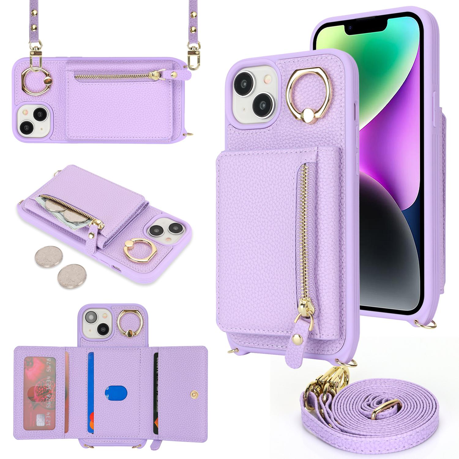 

For iPhone 14/13 Case Litchi Texture Card Bag Leather+TPU Crossbody Phone Cover with Ring Kickstand Purple