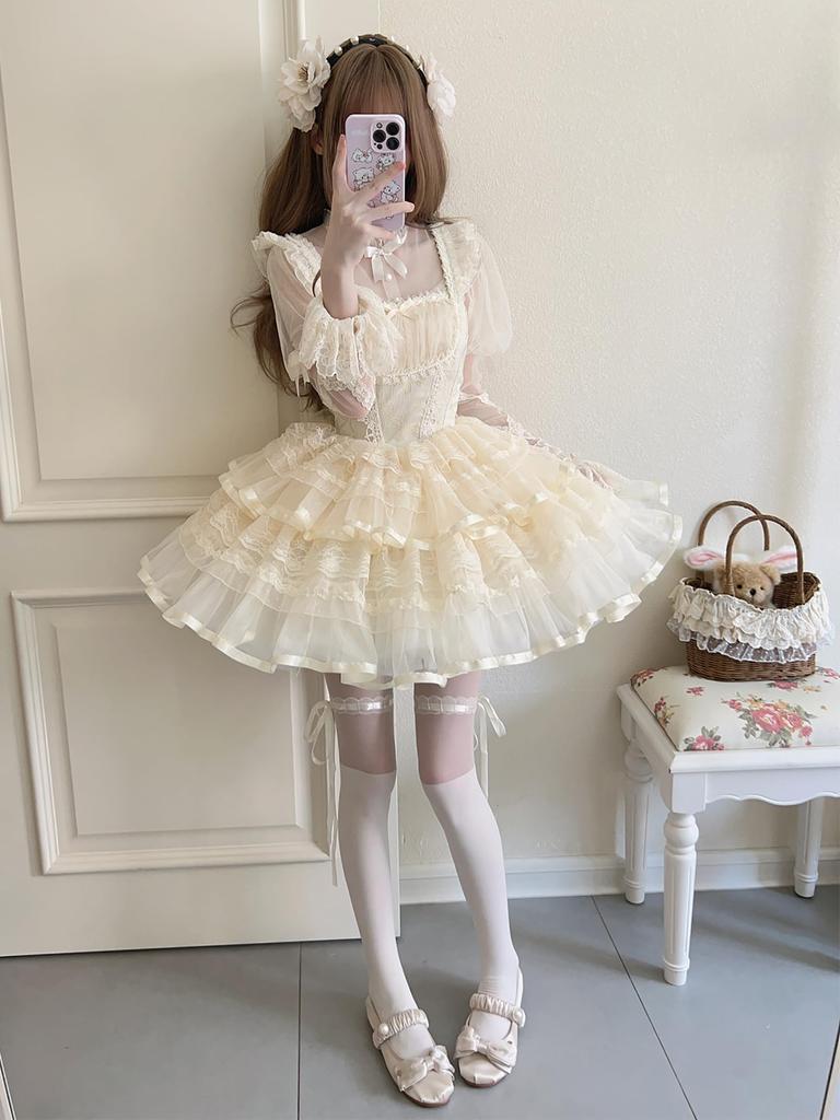 XHSUKADO Lolita JSK Jumper Skirt with Dreamy Cute Gothic Lolita Outfit with Ruffles and Mori Idol Apricot Size M Ribbon, Women's One-Piece Dress,
