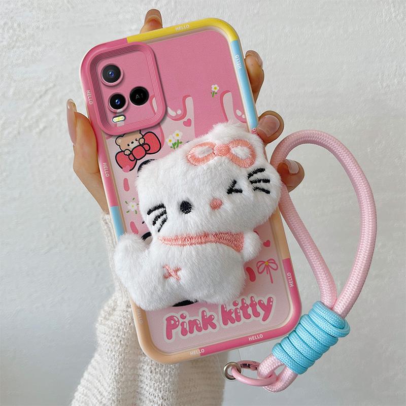 KEYSION Cute 3D Cartoon Plush Case for VIVO Y21 Y21S Y33S Y33T with Lanyard Soft Silicone Shockproof Phone Cover for VIVO T1X