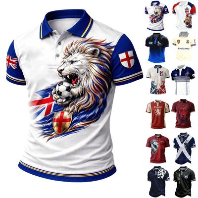 Men's Classic Polo Shirt with England Football Inspired Print Short Sleeve Button Collar Casual Sports Top