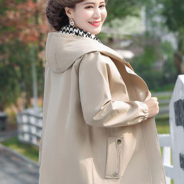 Spring Autumn Hooded Trench Coat Fashion Casual Women Windbreaker Mid Length Outwear Mother Coats