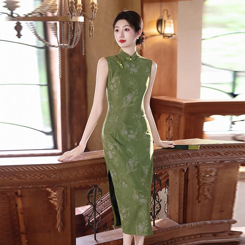 Green sleeveless national style new Chinese daily Suzhou long cheongsam improved young 1011 new women's high sense