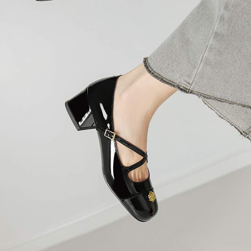 Krazing Pot Sheepskin Square Toe Med Heels Autumn Summer Shoes Metal Flowers Women Mary Janes Fashion Pumps