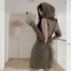 Backless Hooded Long-Sleeve Dress - Autumn Style with Waist Tie and Hip-Hugging Design