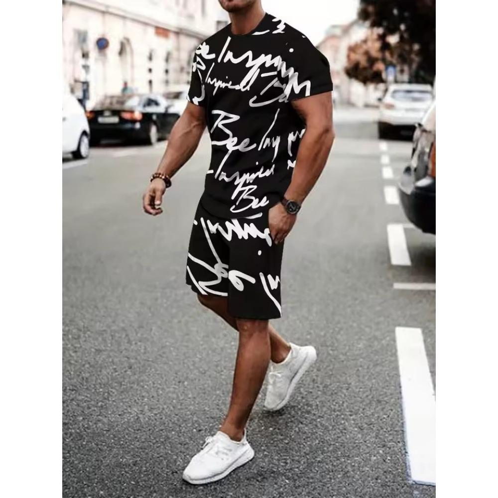 Yaz Yeni Erkek İki Parçalı Takım Rahat Tişört ve Şort Takımları Erkek Büyük Boy Spor Takım Elbise Moda Kısa Kollu Eşofman Altı
