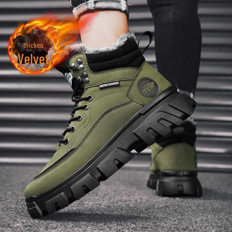 British Style Men's Winter High-Top Velvet Lace-Up Cotton Boots with Thick Soles