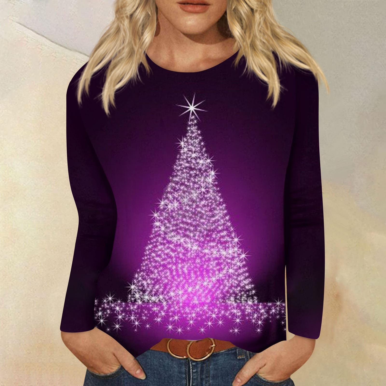 

Женская мода Повседневная футболка с длинным рукавом с рождественским принтом и круглым вырезом Топ M