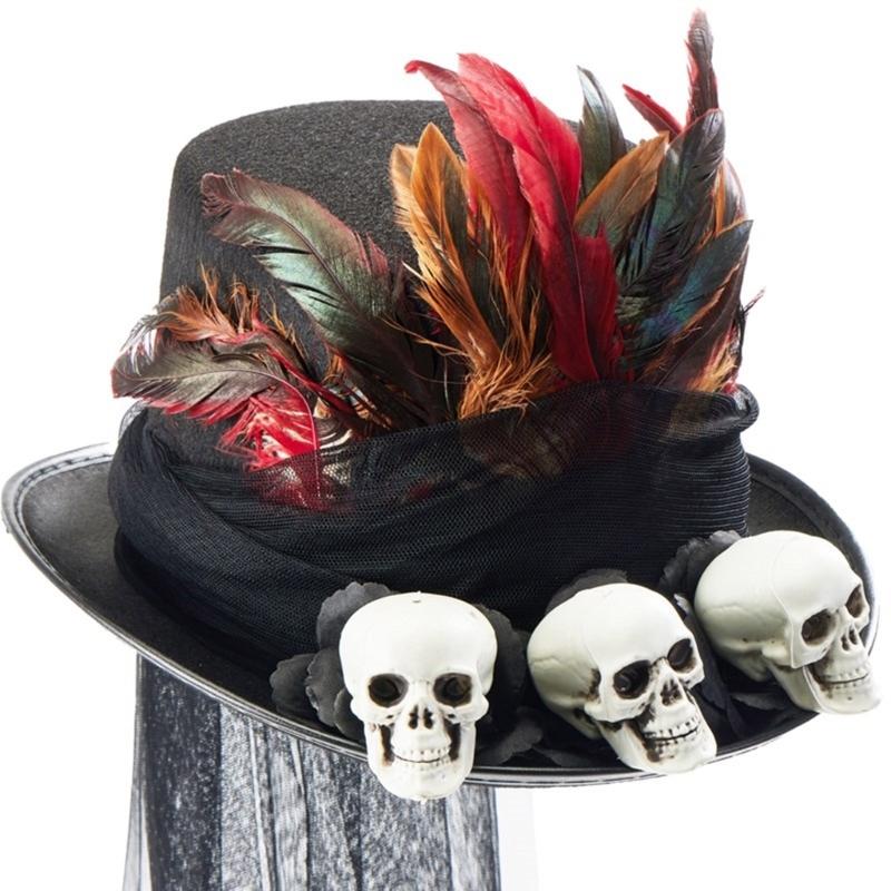 Medieval Adult Steampunks Flat Top Hat with Skull Halloween Feather&Veil Felts Hat Carnivals Role Play Magicians Hat