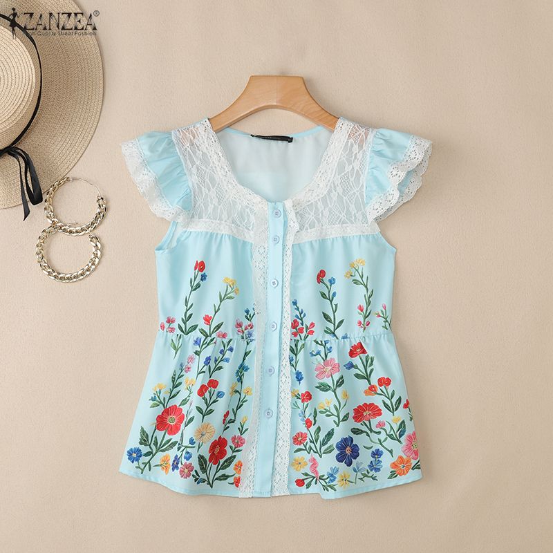 ZANZEA Women Elegant Lace Splice Square Collar Casual Sleeveless Floral Print Vest Tops