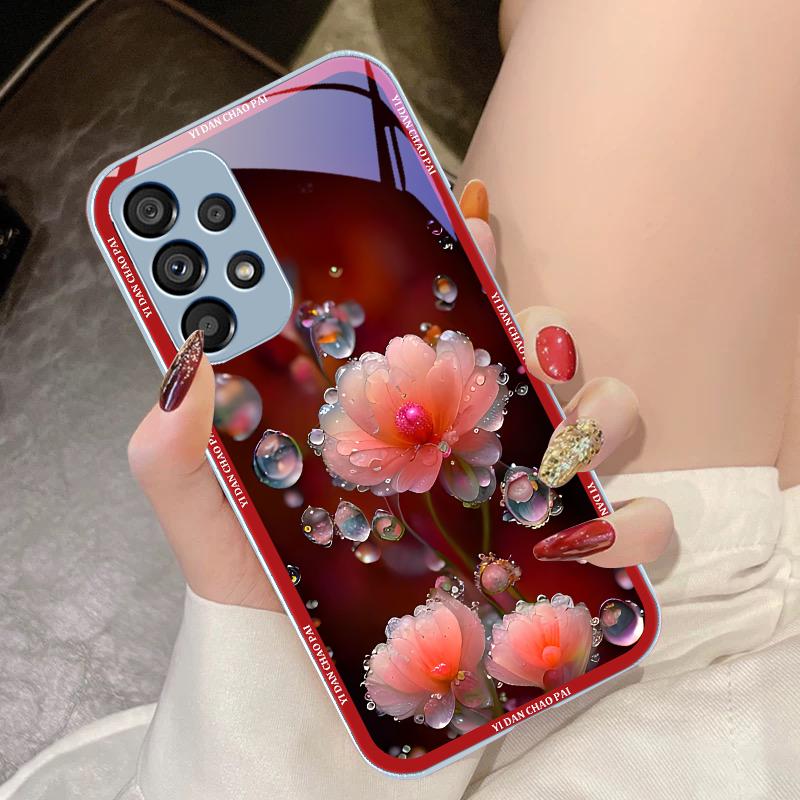 Dewdrop Flower White For Samsung Galaxy S10 4G S20 11E 30 S21 21Fe 22 S24 Pro S23 Ultra 5G S8 S9 Tempered Glass Phone Case