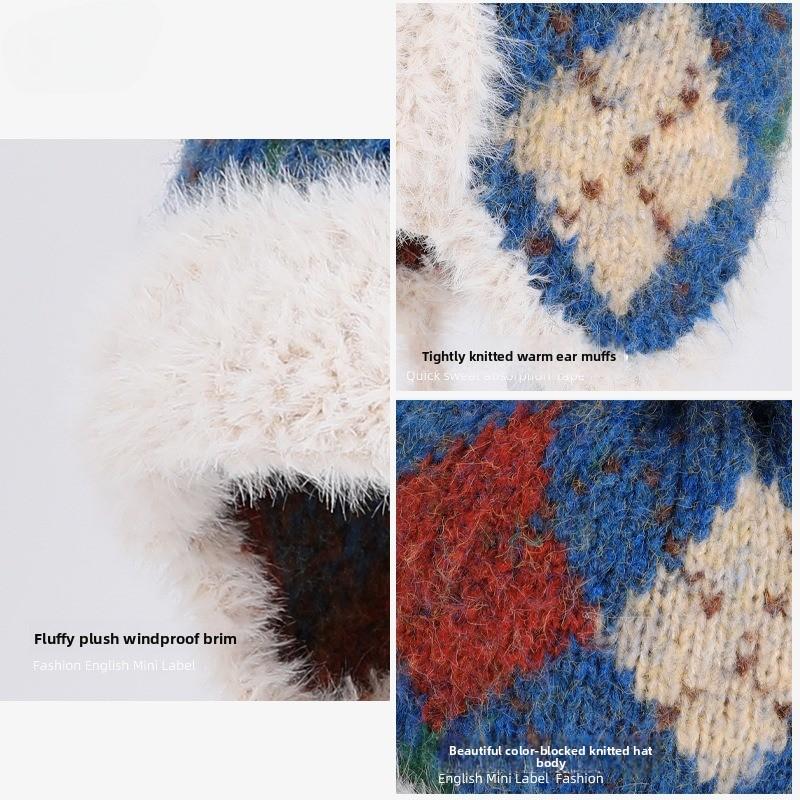 Women'S Plaid Knit Aviator Hat Fair Isle Design Winter Cap With Ear Flaps For Cold Weather Slimming Beanie Female