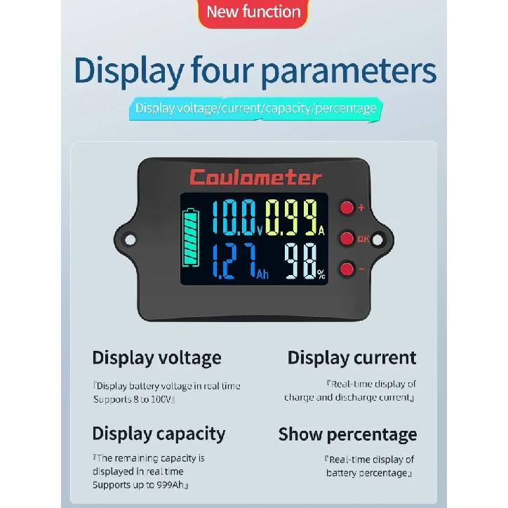 Pro High Precision Color RV Coulomb Meter 8-100V Voltage 50-500A Current Battery Charging and Discharging Monitor Indicator